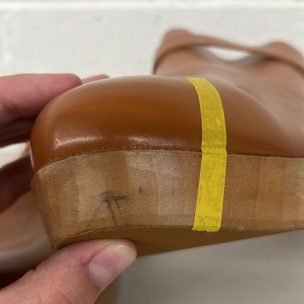 Sz10 Andre assoue brown tan slip on heeled Sofi clog wooden leather chunky amber - Picture 4 of 7